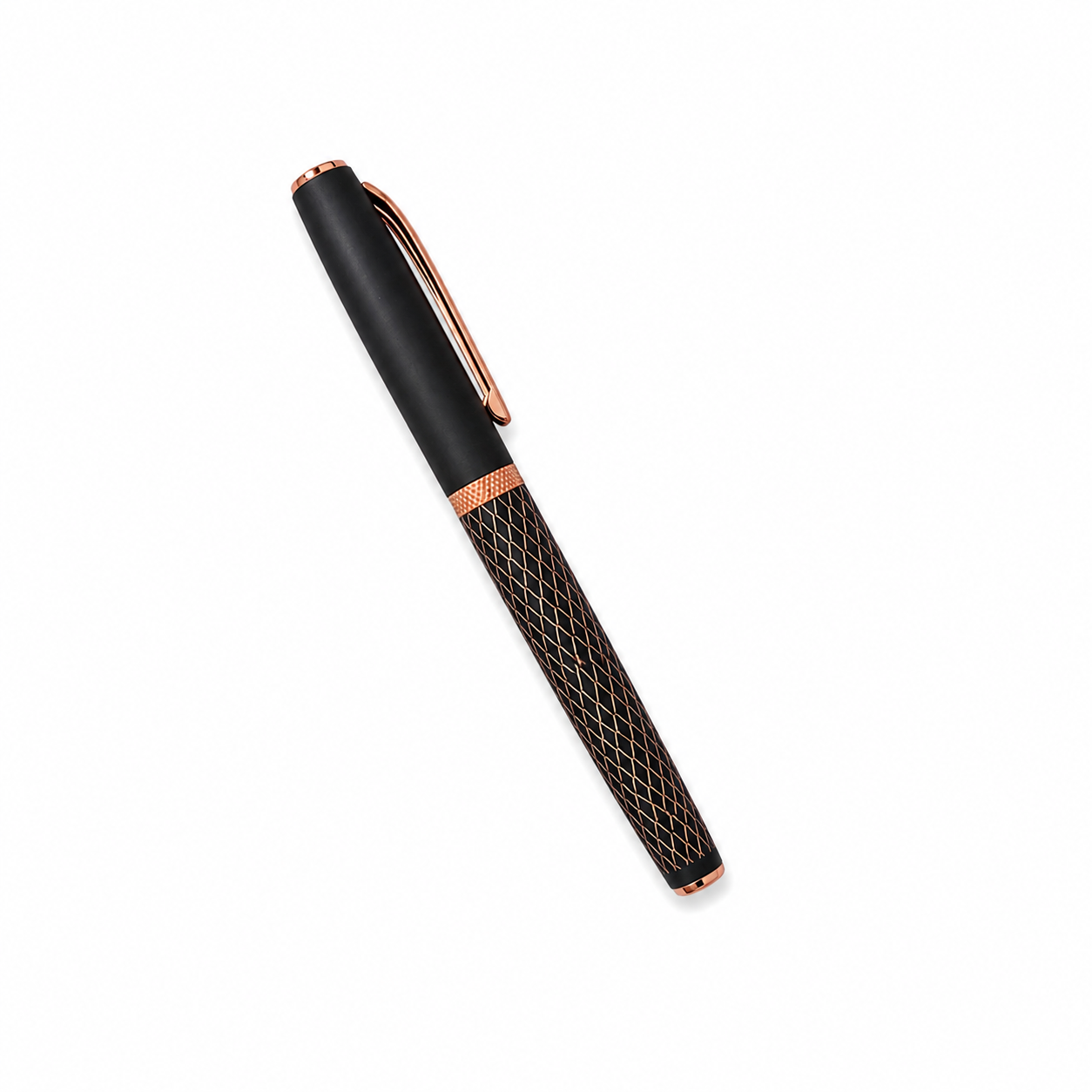 WALIV Damask Rose executive pen — rose-gold lattice finish, studio photograph.