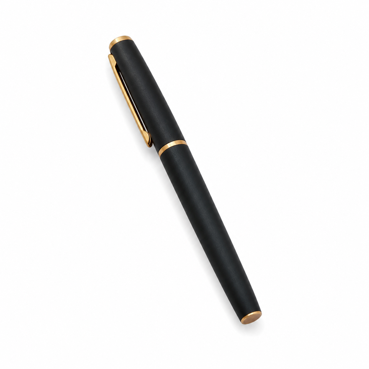 WALIV Debonair Noir roller pen — matte black & gold finish, studio photograph.